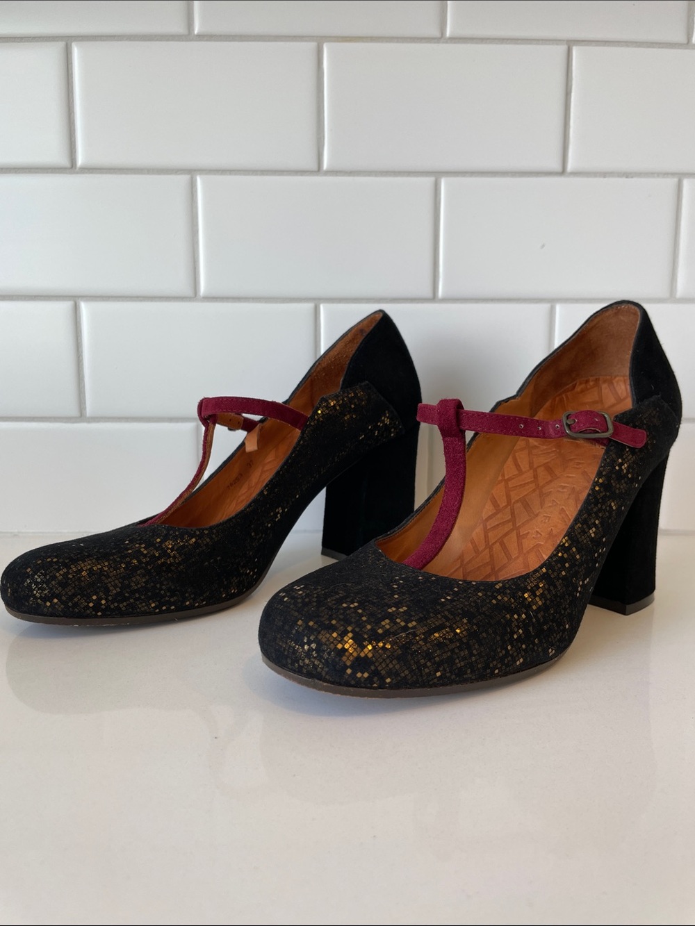 Chie Mihara Black Glitter Mary Jane Heels with Wine Pink Strap • Size 37 - Picture 15 of 16